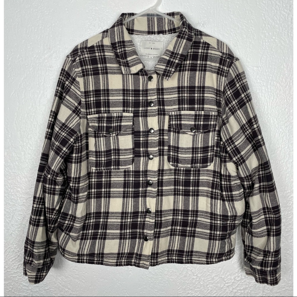 Lucky Brand Black/ White Plaid Sherpa Fleece Lined Flannel Jacket Size Large